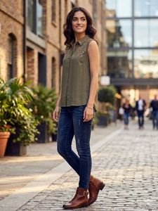 Stylish Sleeveless Embellished Olive Top