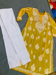 lucknawi chikenkari Yellow Embroidered Kurta Set