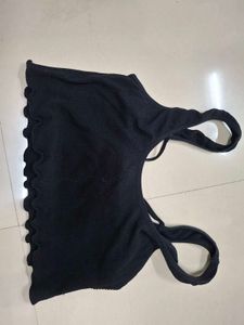 Black Ribbed Crop Top with Ruffle Hem