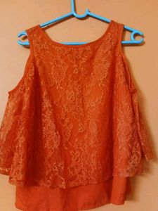 Orange Lace Cold Shoulder Top