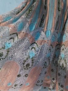 Elegant Blue &amp; Peach Embroidered Lehenga