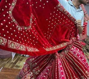 Red Embroidered Velvet Lehenga Choli