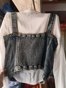 denim corset with white crop shirt
