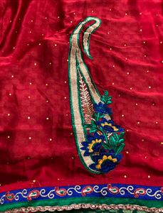 Red &amp; Green Embroidered Saree