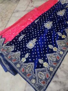 Blue & Pink Velvet Saree