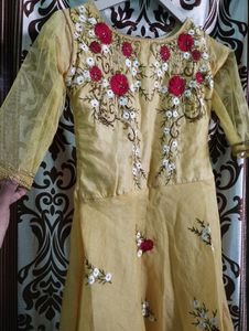 Designer Yellow Gown With Beautiful Roses Work On