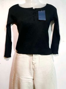 Ribbed Black Long Sleeve Tie Neck Top