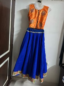 Orange Embroidered Crop Top &amp; Blue Skirt Set