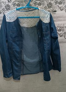 Boho Denim Shirt with Lace Shoulder Detail