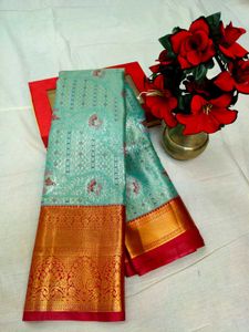 Elegant sea green Silk Saree with Gold Border