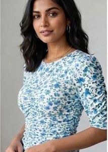 Blue Floral Ruched Puff Sleeve Top