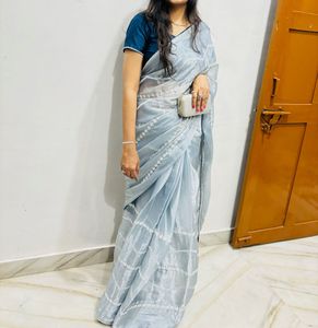 Elegant Grey Saree with White Embroidery