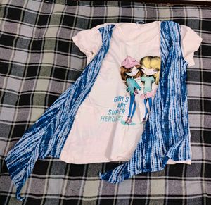 Graphic Tee with Blue Tie-Dye Shrug Top