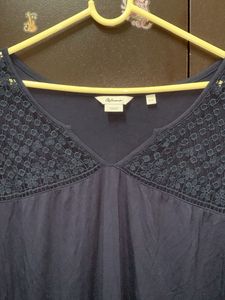 Navy Blue Lace Trim V-Neck Top