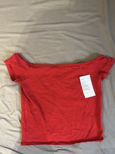 Red Off-Shoulder Top &amp; Denim Jacket