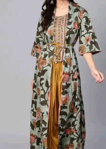 Women Mustard Yellow & Green Printed Top with Dhot
