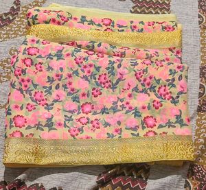 Elegant Floral Print Saree with Golden Border