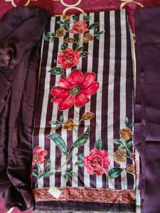 unstitched wine cotton suit with chiffon duppata