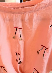 Peach Knot-Front Top with Minimal Embroidery