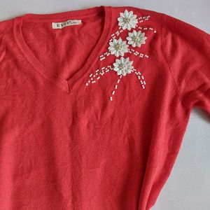 Elegant Red V-Neck Embellished Sweater🌷