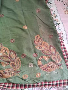 Olive Green Saree with Embroidery