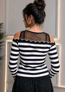 Stylish Black &amp; White Striped Cold Shoulder Top