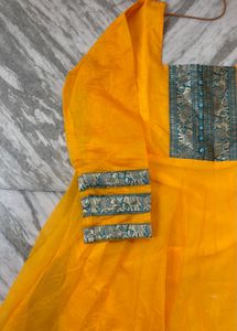 Vibrant Yellow Kurta Set with Blue Dupatta
