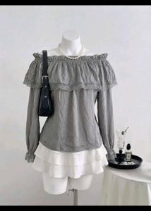 Y2K Off-Shoulder Grey Ruffle Top🎀