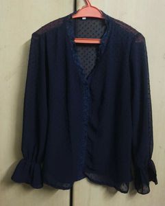 Chic Navy Polka Dot Sheer Blouse