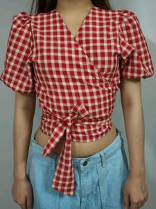 Red Gingham Wrap Top