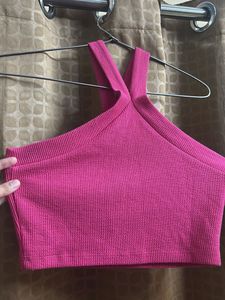 Hot Pink Ribbed Halter Crop Top