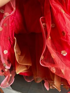 Lehenga Peach Color With Green Off Shoulder Blouse Fitting Margin Available