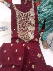 Maroon Embroidered suit pant Set