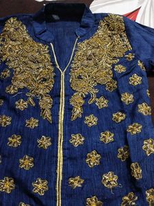 Embroidered Blue &amp; Gold Kurti With Dupatta