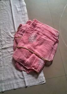 White Kurta with Pink Dupatta Set