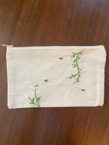 Handmade Embroidered Pouch with Bees & Daisies