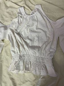 White Cold Shoulder Pearl Embellished backless Top