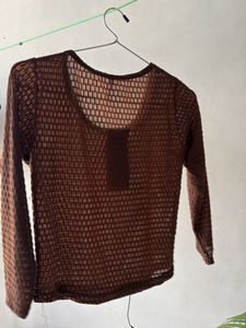 Brown Textured Long Sleeve Top (see through)