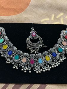 Multicolor oxidized silver set (Necklace, earrings