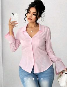 Chic Pink Striped Flare Sleeve Blouse