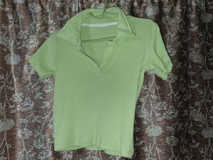 Light Green Ribbed Collared Top