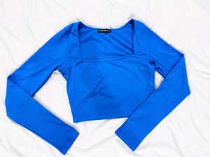 Blue Ribbed Square Neck Crop Top
