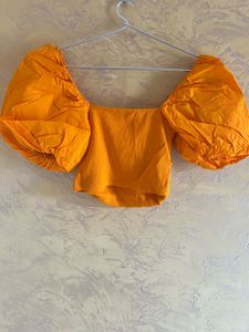 Orange Puff Sleeve Square Neck Crop Top