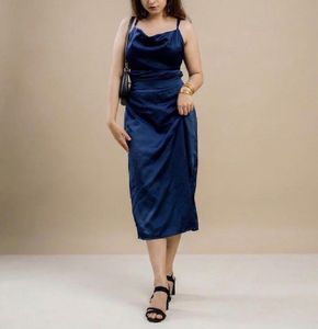 Tie up Navy Blue Satin Midi Dress