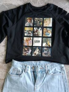 Black Graphic Crop Top &amp; Light Wash Jeans Set