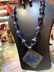 Boho Blue Beaded Necklace & Earring Set