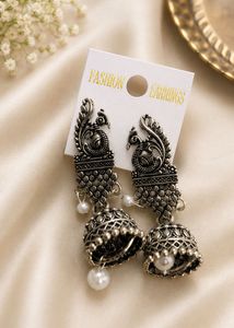 Oxidised Silver Peacock Jhumka Earrings
