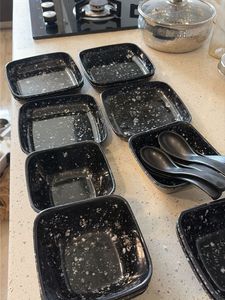 Set of Black Speckled Square Bowls & Spoons