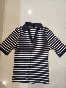 Striped Collared V-Neck Top