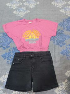 Cute Pink Graphic Tee & Black Denim Shorts Set